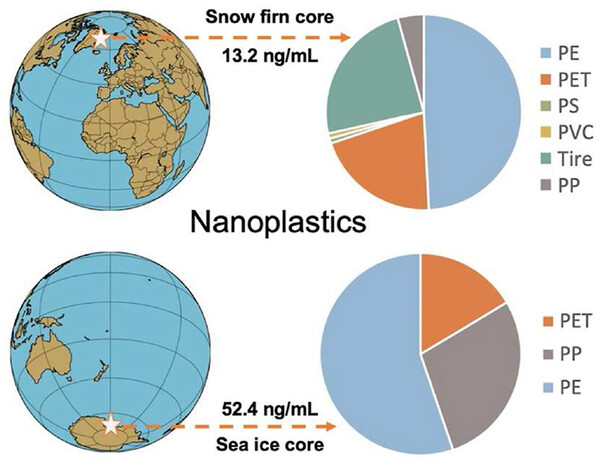 북극과 남극 빙하코어에서 발견된 나노플라스틱 입자 양과 형태 (사진 사이언스다이렉트)/뉴스펭귄
