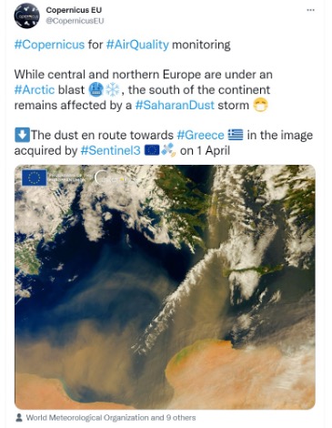 코페르니쿠스가 센티넬3을 통해 관측한 4월 1일 지중해부근의 위성사진(코페르니쿠스 EU 트위터 @CopernicusEU 캡쳐)/뉴스펭귄