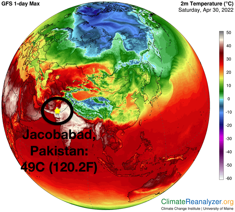 올해 4월 섭씨 49도까지 치솟은 파키스탄 야코바드 (사진 Climate Reanalyzer.org)/뉴스펭귄