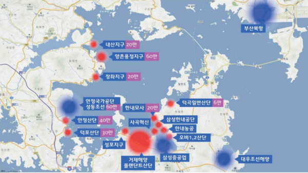 사곡만 인근 유휴부지 산단 현황. 붉은 점으로 표기. (사진 통영거제 환경운동연합)/뉴스펭귄