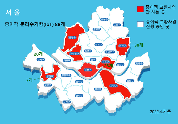 서울시 은평구, 서대문구, 용산구, 강남구 등 4곳은 종이팩 전용수거함을 설치하고 있지 않으면서, 종이팩 교환사업도 진행하지 않고 있다. (그래픽 뉴스펭귄) / 뉴스펭귄