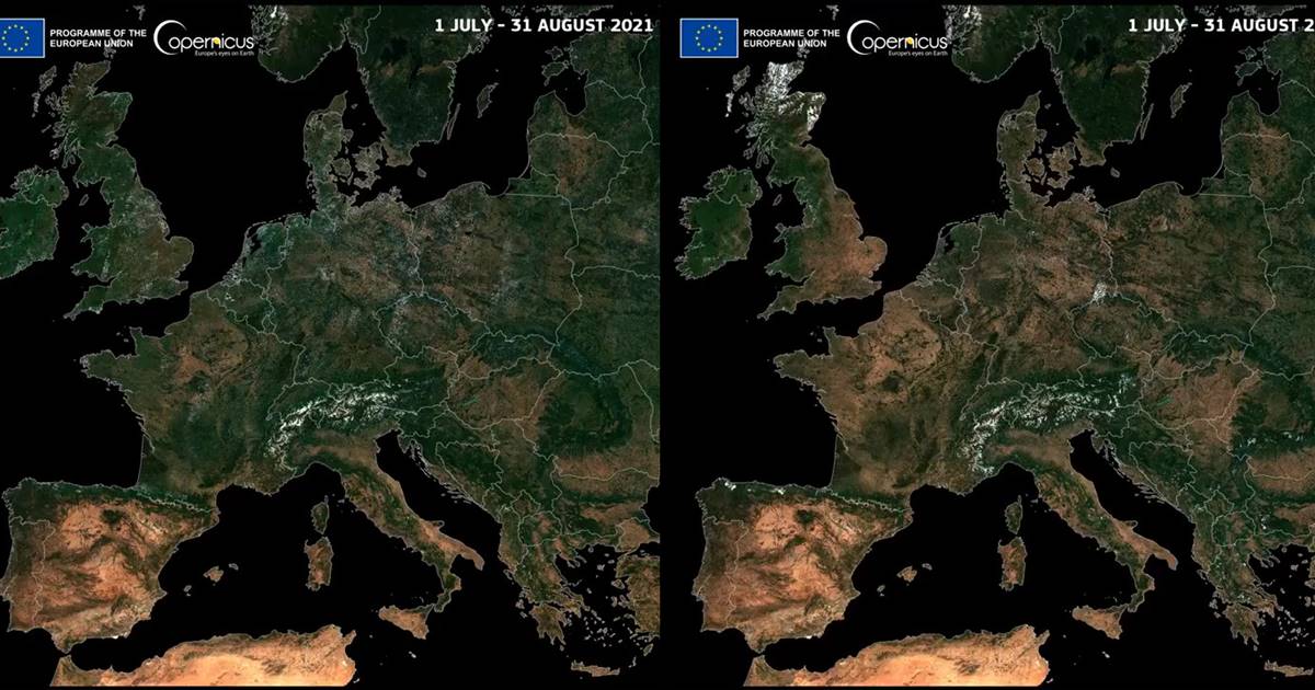 왼쪽부터 2021년 유럽을 위성으로 관찰한 사진과 2022년에 관찰한 사진이다. 2022년은 가뭄 피해로 초목이 감소한 모습이 확인된다.(사진 Copernicus EU)/뉴스펭귄
