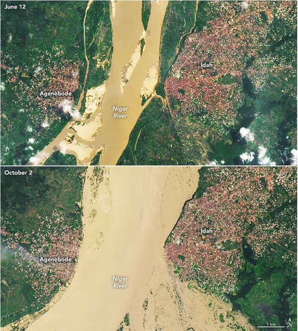 지난 6월 나이지리아 니제르강(상)과 10월 동일 구간 비교 (사진 NASA)/뉴스펭귄