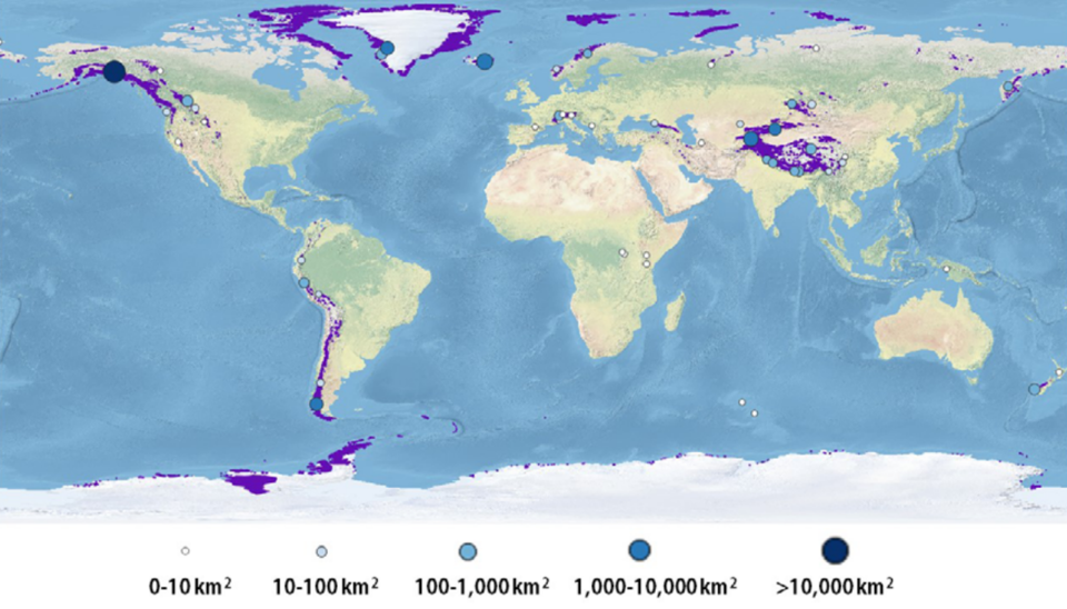 세계유산 빙하 위치를 나타낸 지도. 보라색 표시가 빙하 지역이다 (사진 UNESCO)/뉴스펭귄