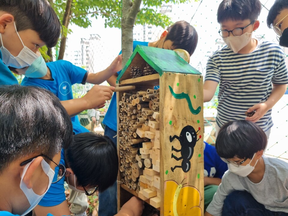 곤충호텔 만드는 그린그램 학생들 (사진 임성화 지도교사 제공)/뉴스펭귄