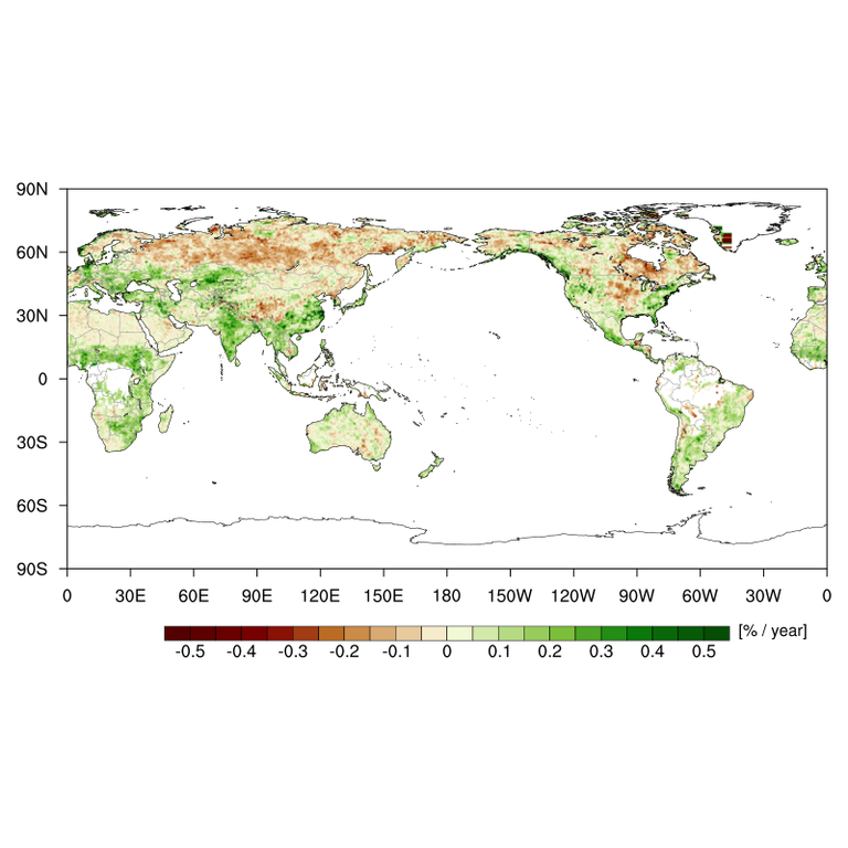 위성 자료를 이용하여 산출한 1992~2021년 기간 동안의 전지구 연평균 토양수분 변화율 분포도를 나타낸 것이다. 토양수분은 중국, 일본, 인도, 아프리카 대륙 등에서 증가하는 경향을 보였으며, 특히 중국 동부 해안을 따라 큰 증가율을 보였다. 반면에 시베리아 대륙 및 캐나다 중부 등에서는 감소하는 경향을 보였다. (사진 종합기후변화감시정보 홈페이지 갈무리, 출처 Climate Data Store)/뉴스펭귄