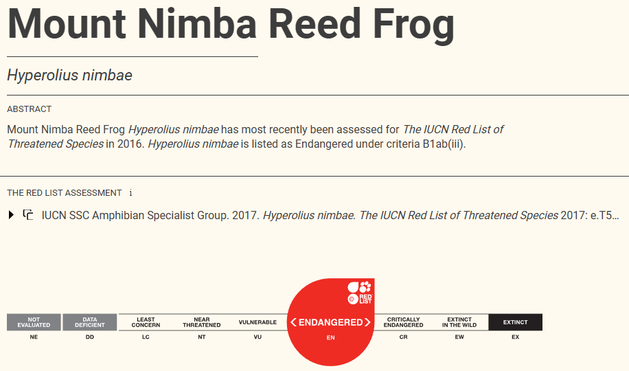 님바산갈대개구리 세계자연보전연맹 적색목록 등급 (사진 IUCN)/뉴스펭귄