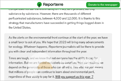 프랑스의 기후환경전문매체 르포르테르의 후원요청 글. 모든 기사의 본문 끝에 바로 붙어 있다. (르포르테르 홈페이지 화면 갈무리) /뉴스펭귄