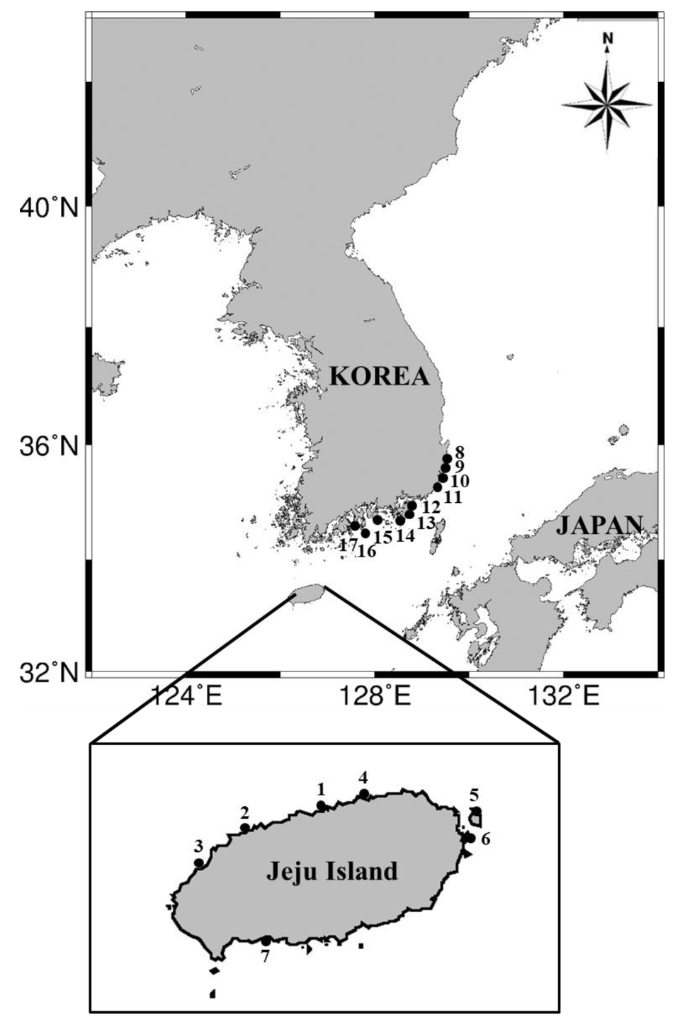 한국 연안에서 잡힌 파란선문어의 지리적 분포. (사진 국립수산과학원 - 저널 Toxins)/뉴스펭귄
