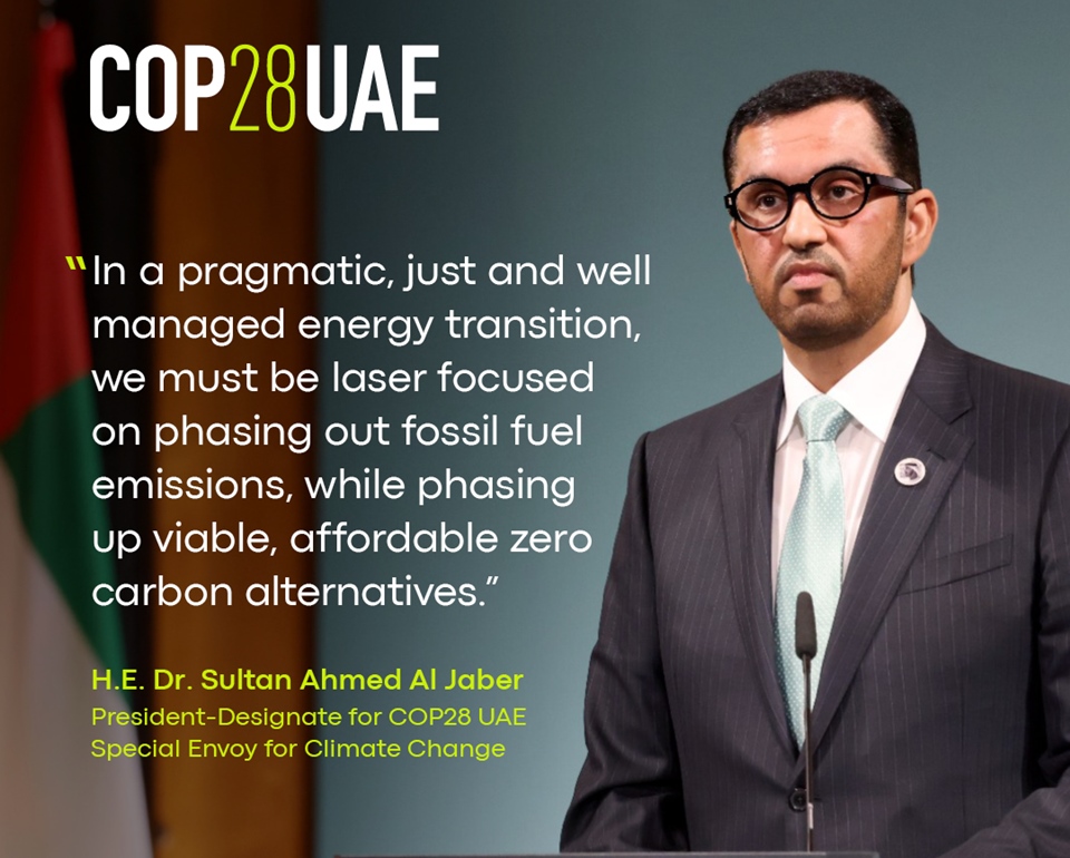 피터스버그 기후대화에서 알 자베르 COP28 의장은 "화석연료 배출을 단계적으로 퇴출하자"고 주장했다. (사진 COP28 UAE 트위터)/뉴스펭귄