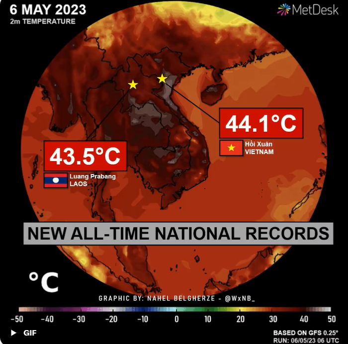 기상 정보 제공 사이트 멧데스크에 뜬 6일 베트남과 라오스 기온.  (사진 Nahel Belgherze 트위터)/뉴스펭귄