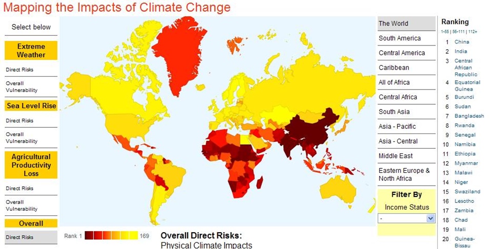 국제개발센터(CGD)에서 작성한 기후위기 취약 지도. 색이 진할수록 기후위기로 인한 피해가 심각한 곳이다. 기후위기 취약지는 아프리카 아시아 남미 지역에 몰려있다. (그래픽 Center for Global Development 공식홈페이지)/뉴스펭귄