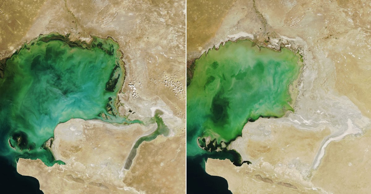 두 사진은 세계 최대 호수인 카스피해의 해안선을 다른 시기에 촬영한 것이다. 왼쪽은 2000년에 촬영됐고, 오른쪽은 2022년에 촬영됐다. 불과 22년 만에 수위가 상당히 감소했음을 알 수 있다. (사진 NASA Earth Observatory)/뉴스펭귄