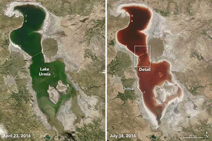 수위가 낮아지면서 수색이 붉게 변한 이란의 우르미아 호수. 이는 호수에 서식하는 미생물이 수위가 감소할 수록 붉은색을 띄어 나타나는 현상인데, 최근 저수량이 줄면서 미생물이 붉어지는 일이 잦아지는 추세다. (사진