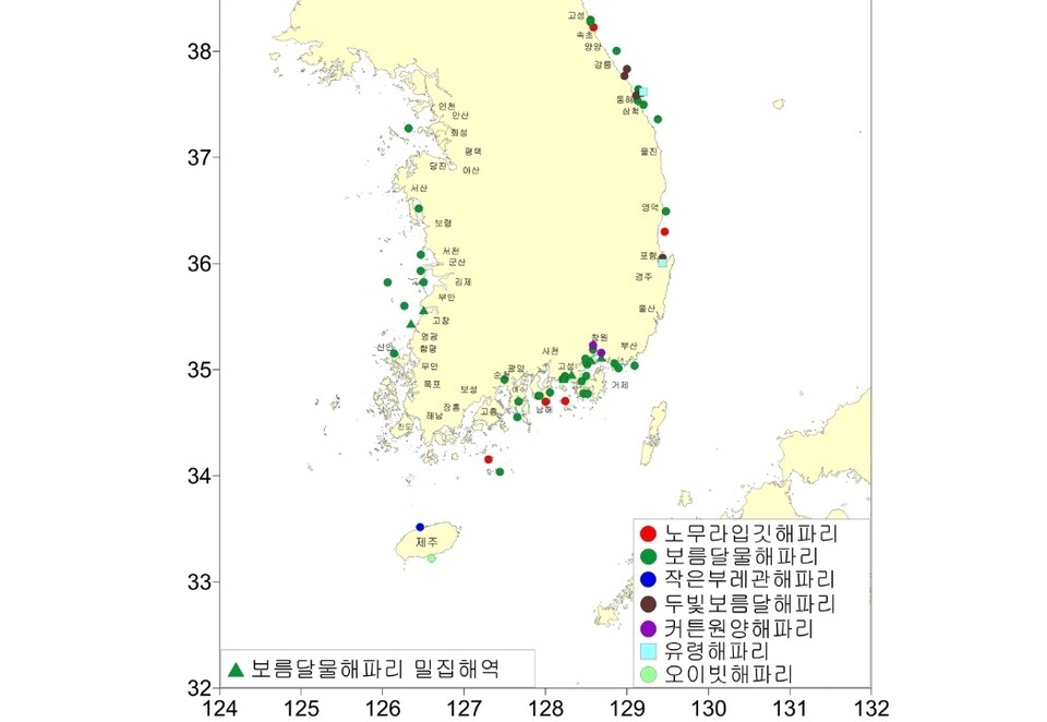 2023년 5월 12일~5월 18일 한국 연안 해역 해파리 분포도. (사진 국립수산과학원)/뉴스펭귄