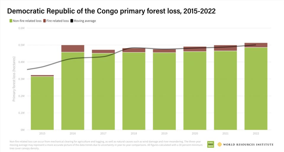 2015~2022년 동안 콩고민주공화국의 산림파괴 정도를 나타낸 도표. (사진 World Resources Institute)/뉴스펭귄