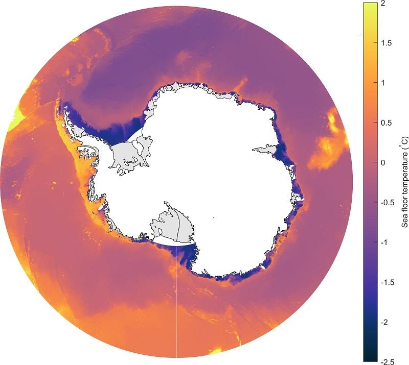 남극 주변 수온을 보여주는 지도. 서쪽은 난류로 인해 온도가 높아 빙붕을 녹일 수 있으며, 동쪽은 주변보다 차가운 한류가 지나가기 때문에 빙붕의 크기가 유지되거나, 더 커지기도 한다. (사진 리즈대학교 벤자민 데이비슨)/뉴스펭귄