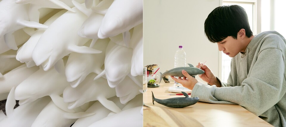 왼쪽은 정의동 작가가 제작한 상괭이 조형. 오른쪽은 작업 중인 정의동 작가. (사진 정의동 작가 제공)/뉴스펭귄