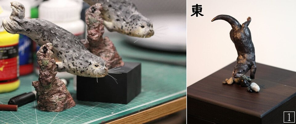 왼쪽은 점박이물범, 오른쪽은 수달을 묘사한 작품이다. (사진 정의동 작가 제공)/뉴스펭귄