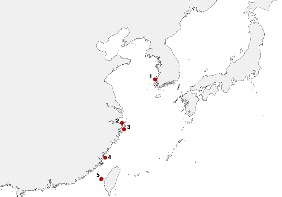 뿔제비갈매기 전세계 번식지 현황. 1~5번 순서대로 육산도, 우즈산섬, 지산섬, 마주섬, 펑후섬이다. (사진 환경부, 국립생태원)/뉴스펭귄