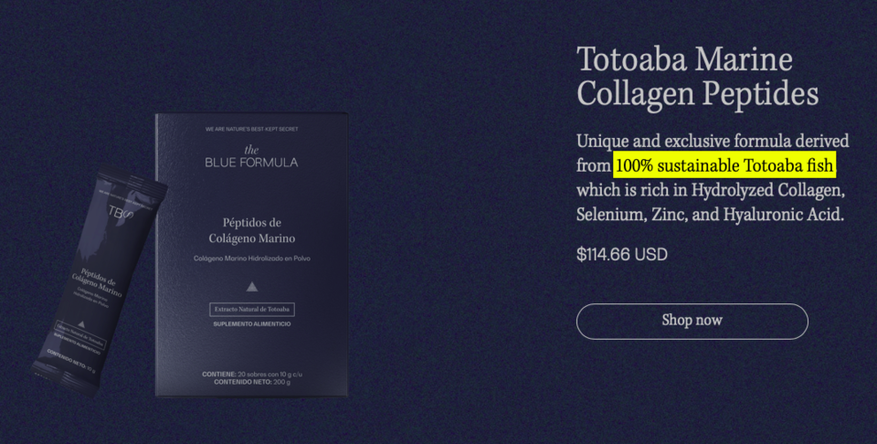 멸종위기종 토토아바에서 채취한 콜라겐 건강보조식품. (사진 the Blue Formula)/뉴스펭귄