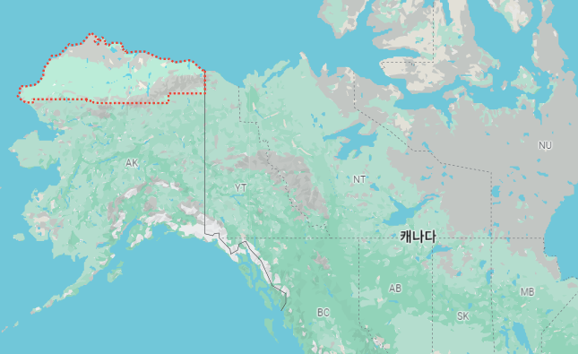 빨간색 테두리가 알래스카주 노스슬로프 지역이다. 생태학자 켄 테이프는 2100년엔 노스슬로프 전체가 비버의 서식지가 될 수 있다고 우려했다. (사진 google map)/뉴스펭귄