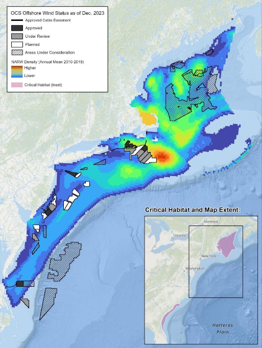 북대서양참고래 서식밀도가 높은 빨간색 구간과 해상풍력 예정지가 겹친다. 빨간색-파란색 구간은 북대서양참고래 서식지, 그 안에 흰색-검은색 면적은 해상풍력 예정지. (사진 '북대서양참고래와 해상풍력 전략' 보고서 캡처)/뉴스펭귄