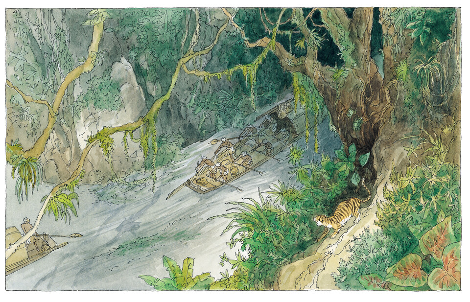 루스모어와 일꾼이 험난한 자연을 지나며 거인을 만나러 가는 모습. ('마지막거인' - 프랑수아 플라스 글·그림, 출판 디자인하우스)/뉴스펭귄