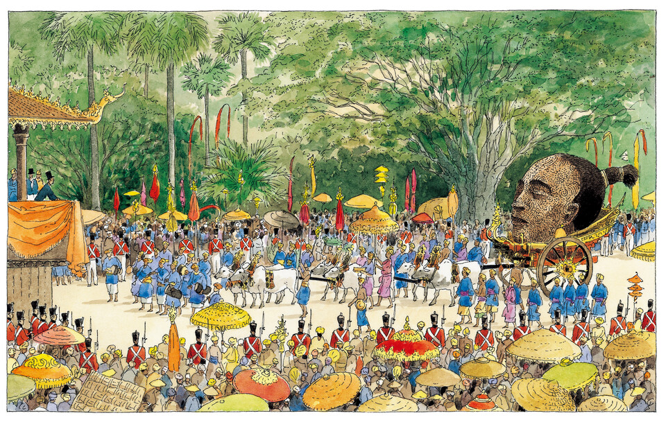 "나팔 소리와 북소리가 울려 퍼지는 가운데 여섯 마리의 소가 끄는 마차에 실려오는, 아름답고 고귀한 거인 안탈라의 머리가 보였습니다."-본문 中 ('마지막거인' - 프랑수아 플라스 글·그림, 출판 디자인하우스)/뉴스펭귄