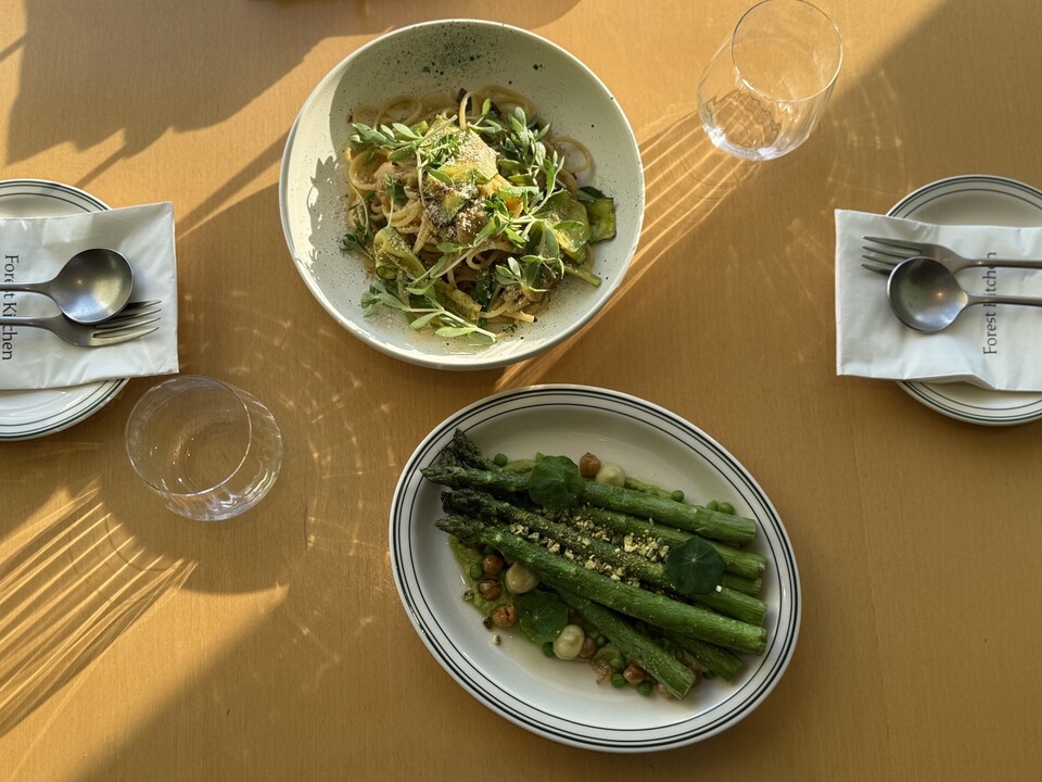 고소한 들기름과 애호박 페이스트로 감칠맛을 낸 '애호박 파스타'와 완두콩과 병아리콩을 섞어서 만든 후무스 위에 튀긴 아스파라거스를 올려 식감을 더한 '그린 후무스'. (사진 곽은영 기자)/뉴스펭귄