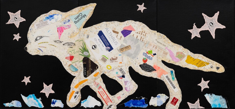 사막여우와 별 [Fennec Fox and Stars]  Up-cycle collage print on canvas 80x37 2022 (그림 혜미 제공)/뉴스펭귄