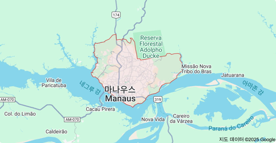 브라질 북부의 도시 마나우스는 아마존 강과 네그로 강이 만나는 지점에 위치해 있다. (사진 구글맵 캡쳐)/뉴스펭귄
