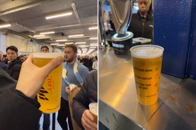 (좌)맨체스터 시티 FC의 다회용 컵과 (우)애스턴 빌라 FC의 다회용 컵. (사진 유호연 기자)/뉴스펭귄