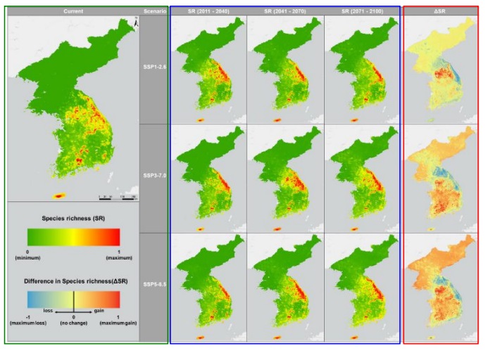 지난해 11월, 산림청이 발표한 기후변화 시나리오 별 우리나라 특산식물의 종다양성 분포 변화 자료. (자료 산림청, 본지 DB)/뉴스펭귄