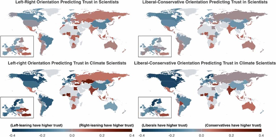 ​위쪽 지도는 일반 과학자에 대한 신뢰, 아래쪽 지도는 기후과학자에 대한 신뢰를 의미한다. 왼쪽은 좌우 정치성향(좌파-우파), 오른쪽은 이념 성향(진보-보수)에 따른 신뢰 경향을 나타낸다. 파란색일수록 진보·좌파 성향이 높은 나라, 빨간색일수록 보수·우파 성향이 높은 나라를 뜻한다. (사진 Ghasemi et al. (2025))/뉴스펭귄