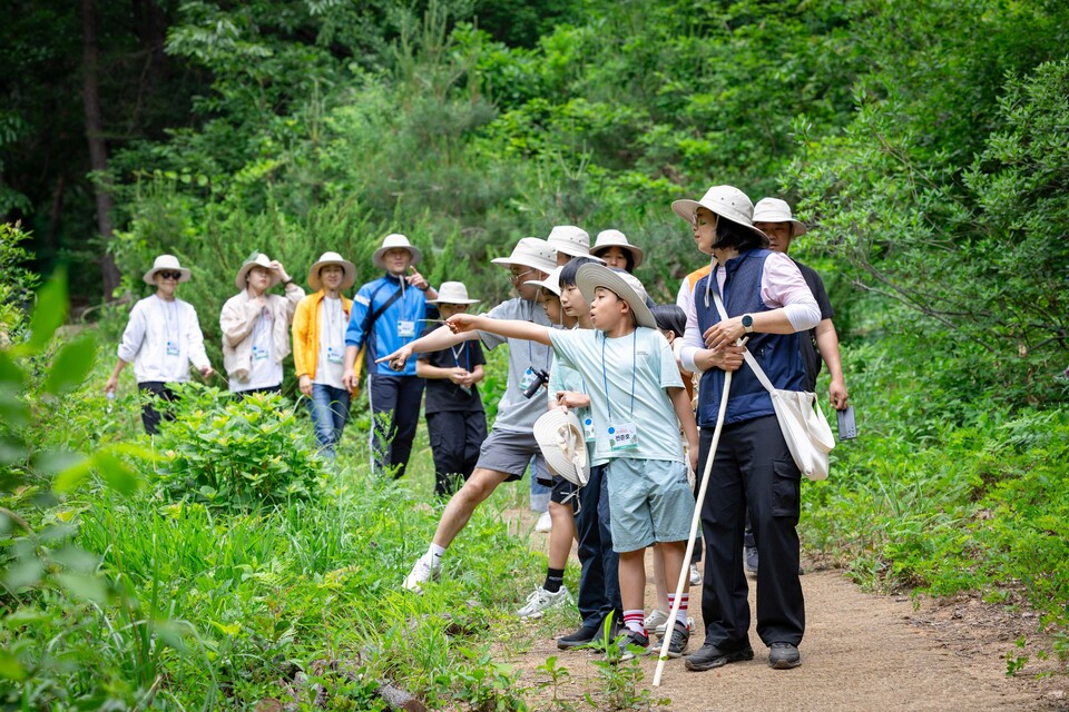 맑은학교 환경운동회에 참가한 어린이 등 가족들이 숲체험 활동을 하는 모습. (사진 환경재단)/뉴스펭귄