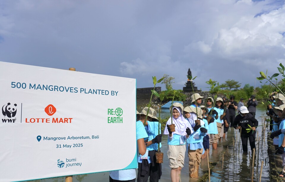 인도네시아 발리에 위치한 맹그로브 에버리텀 공원에서 맹그로브를 식재하는 현지 초등학생들의 모습. (사진 롯데마트)/뉴스펭귄
