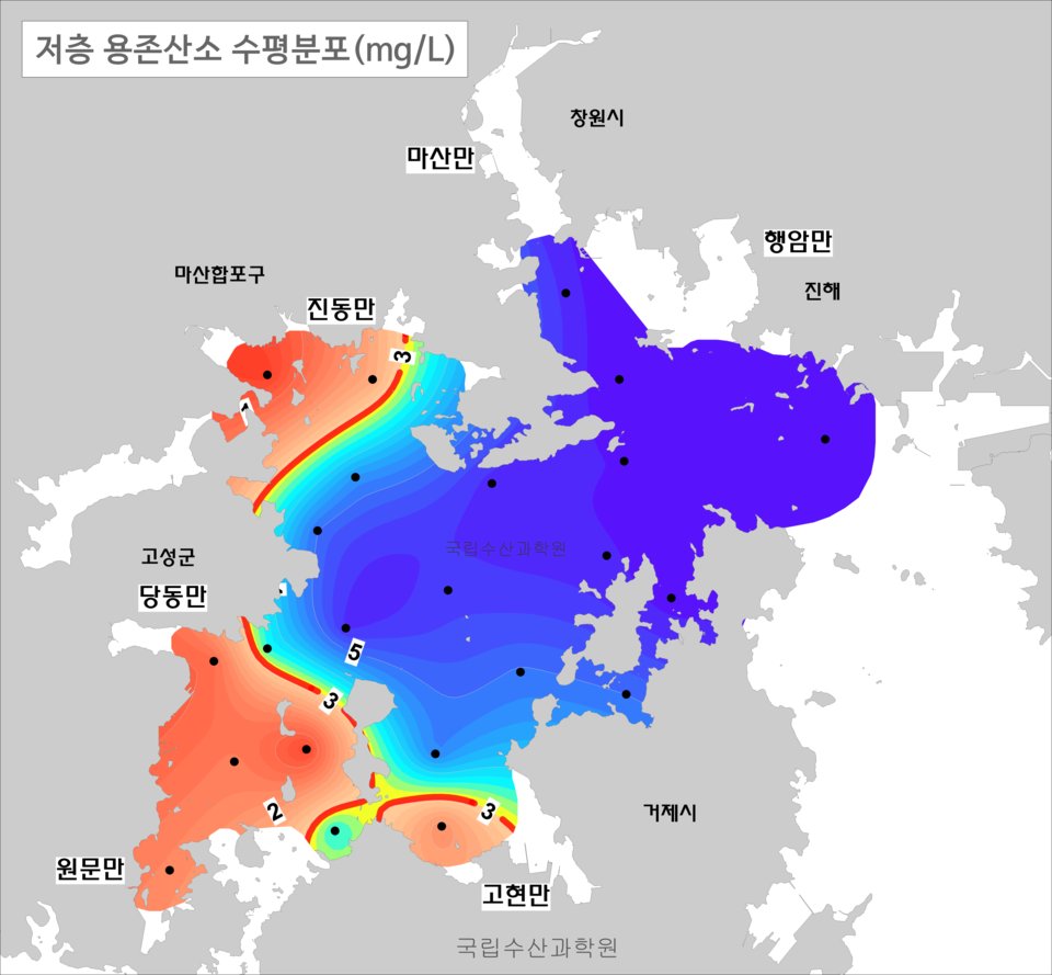 진해만 저층산소 수평 분포도. 붉은색 기준 빈산소수괴 관측. (사진 국립수산과학원)/뉴스펭귄