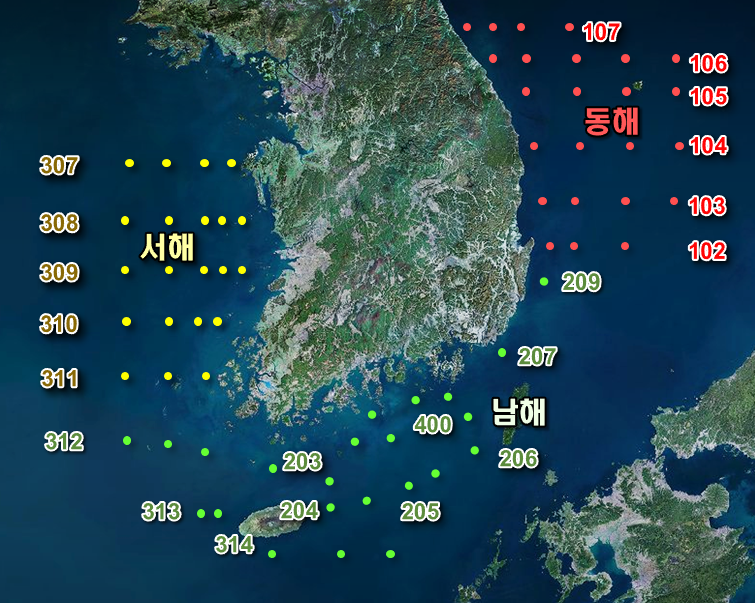 해양산성화 관측 정점. 숫자는 정선해양조사 정선 번호. (사진 국립수산과학원)/뉴스펭귄