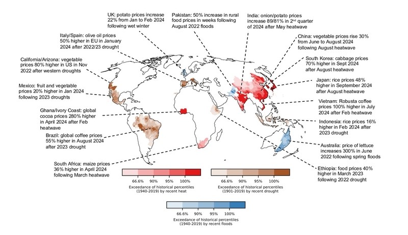 전세계 18개국 식품 가격 상승 지도. 한국도 포함됐다. (사진 바르셀로나 슈퍼컴퓨팅센터)/뉴스펭귄