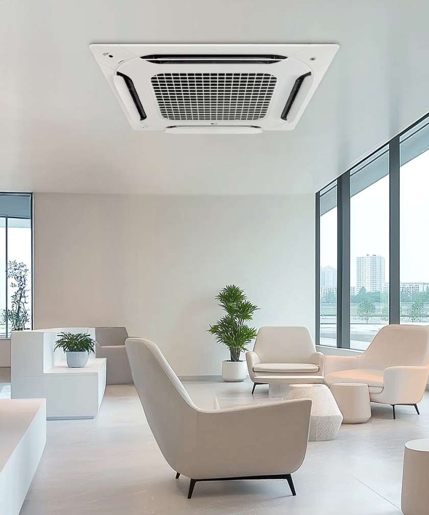 TUV 라인란드로부터 1대 당 14.85킬로그램(kgCO₂eq)의 이산화탄소 배출을 줄였음을 검증받은 상업용 4방향 시스템에어컨. (사진 LG전자)/뉴스펭귄