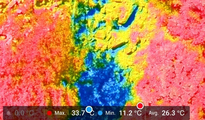 7월 24일 오전 11시 경 열화상 드론으로 촬영한 밀양 얼음골 전경. 내부와 외부가 최대 22.5도 차이가 난다. (사진 국립수목원)/뉴스펭귄