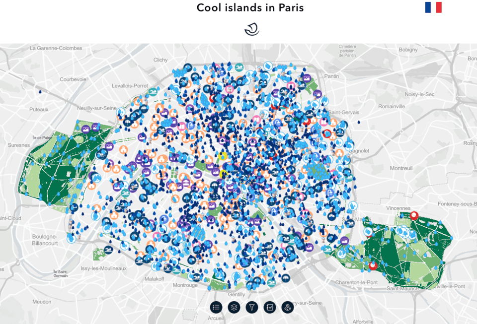 파리 시가 만들고 시민들에게 제공하는 'Cool island in paris' 지도 (사진 'Ilots de fraîcheur à Paris' 공식 홈페이지 캡처)