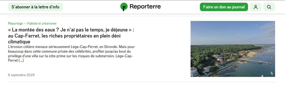 레주-카프페레 반도를 둘러싼 자연 훼손 문제를 다룬 르포르테르 기사. (사진 르포르테르 홈페이지)/뉴스펭귄