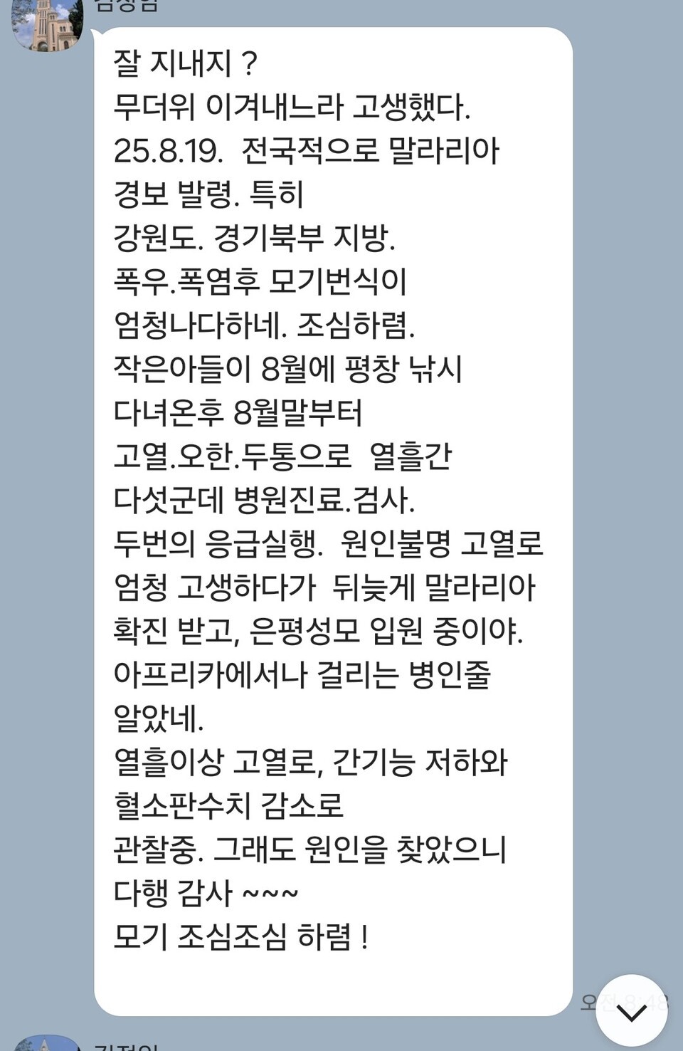 말라리아 발병을 알리는 지인의 메시지. (사진 이강운 대기자)/뉴스펭귄 