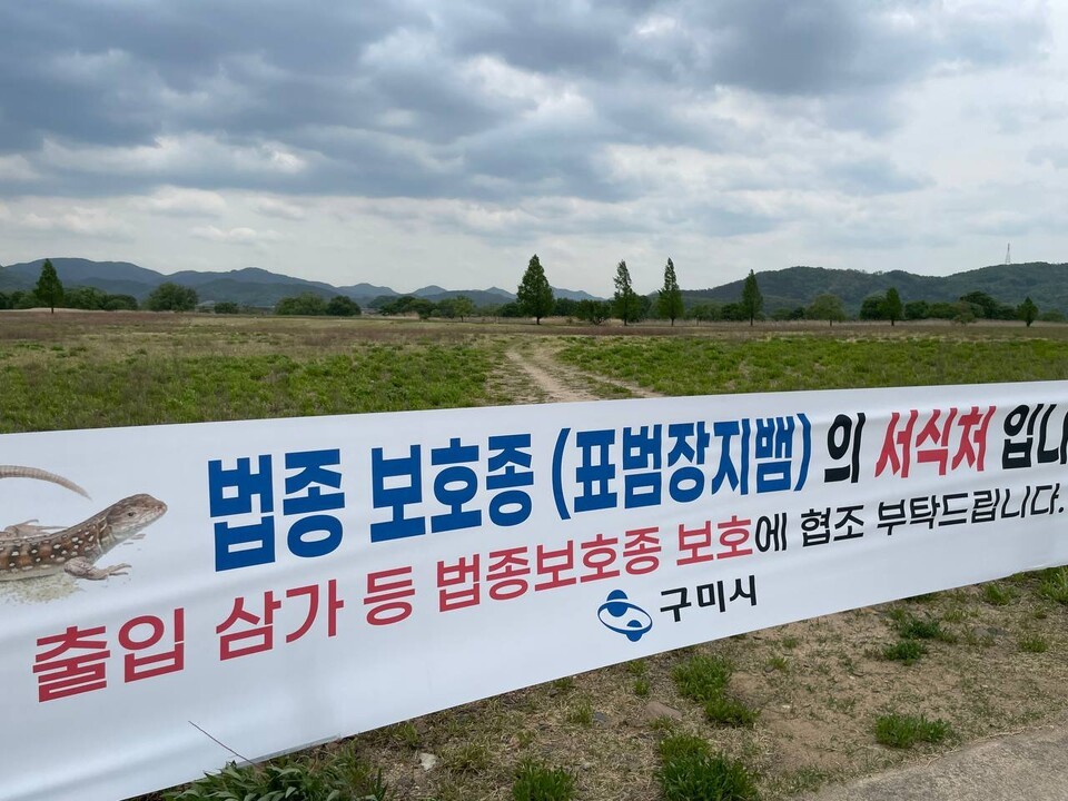 또 파크골프장 인근에는 폐쇄된 과거 파크골프장 주변으로 설치된 현수막이 있는데, 현재는 방치된 상황이다. 현장 활동가는 해당 현수막을 현재 로드킬 위험 지점인 예강리원형파크골프장으로 이동할 것을 요청했으나 이행되지 않았다고 전했다. (사진 전인정 단장 제공)/뉴스펭귄