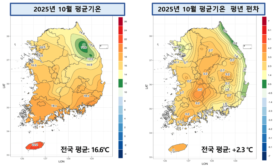 2025년 10월 전국 평균기온 및 평년 대비 편차 분포도. (자료 기상청)/뉴스펭귄