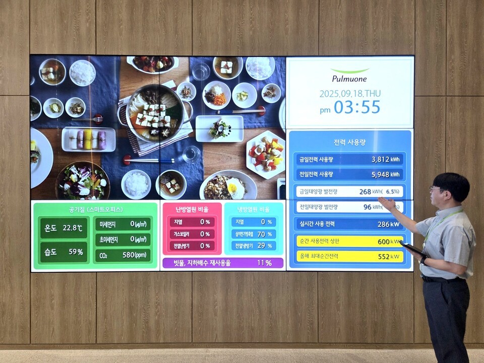 풀무원기술원 담당자가 기술원 로비에 설치된 에너지 사용 현황판을 소개하고 있다. (사진 풀무원)/뉴스펭귄