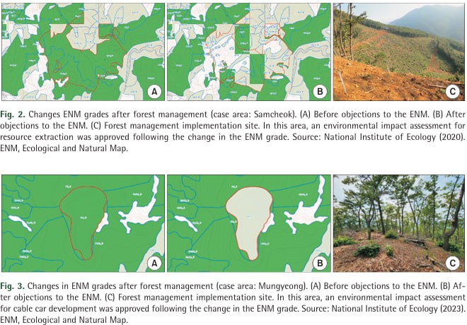 왼쪽 A사진은 산림관리 이전, B는 산림관리 이후를 의미한다. 초록색으로 표시된 부분으로 유의미한 변화가 시각적으로도 드러난다. C는 산림 관리 현장 사진. (사진 국립생태원)/뉴스펭귄