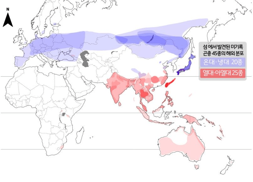 섬에서 발견된 미기록종 곤충의 해외 분포도. 종별 서식지를 겹쳐서 표시. 색 진할수록 많은 종 분포. (자료 국립호남권생물자원관)/뉴스펭귄 